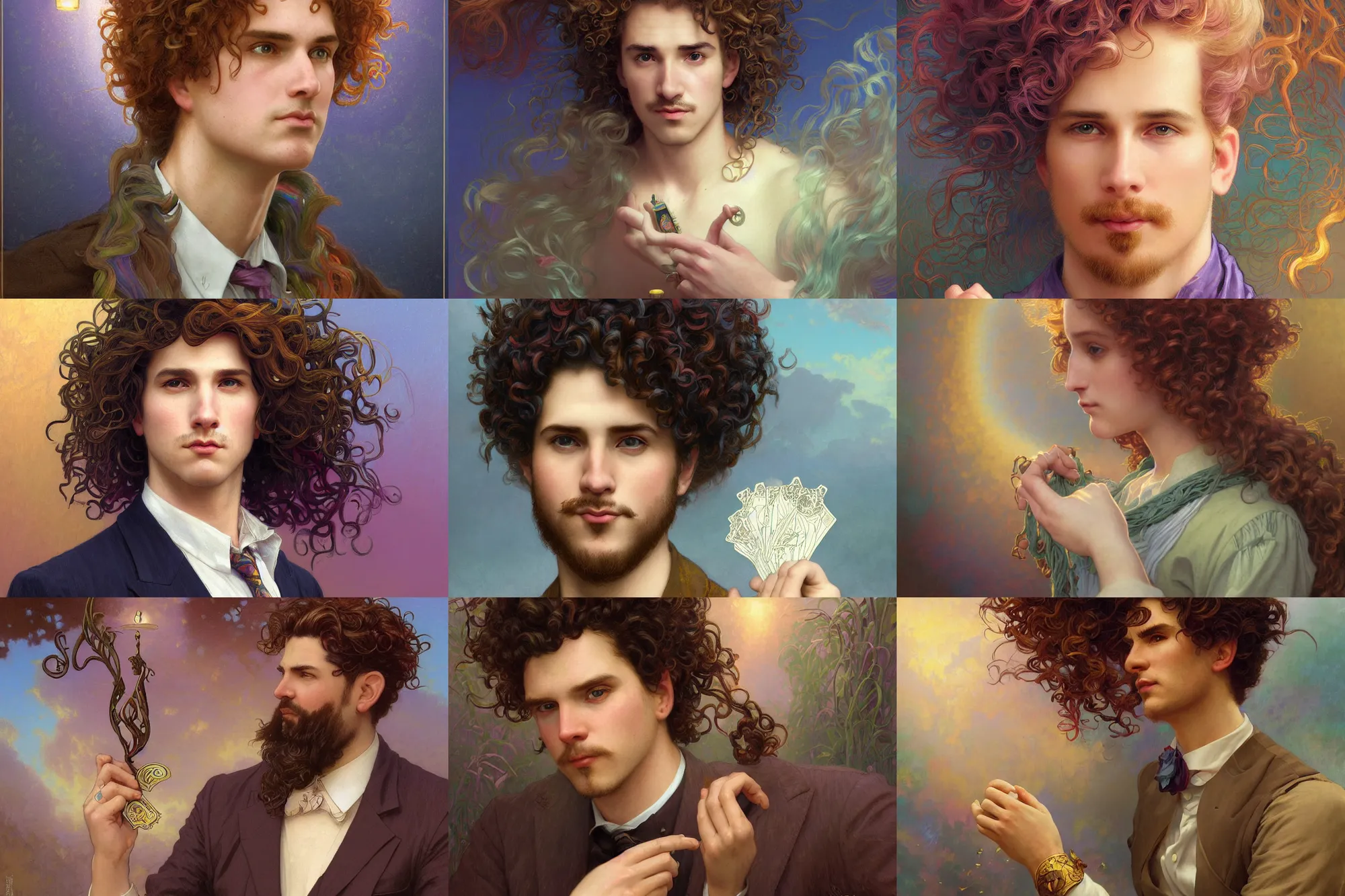 Prompt: portrait of a man with curly rainbow hair, thomas kinkade, wes anderson, elegant, art nouveau, tarot card, highly detailed, digital painting, artstation, concept art, smooth, sharp focus, illustration, art by artgerm and greg rutkowski and alphonse mucha and william - adolphe bouguereau