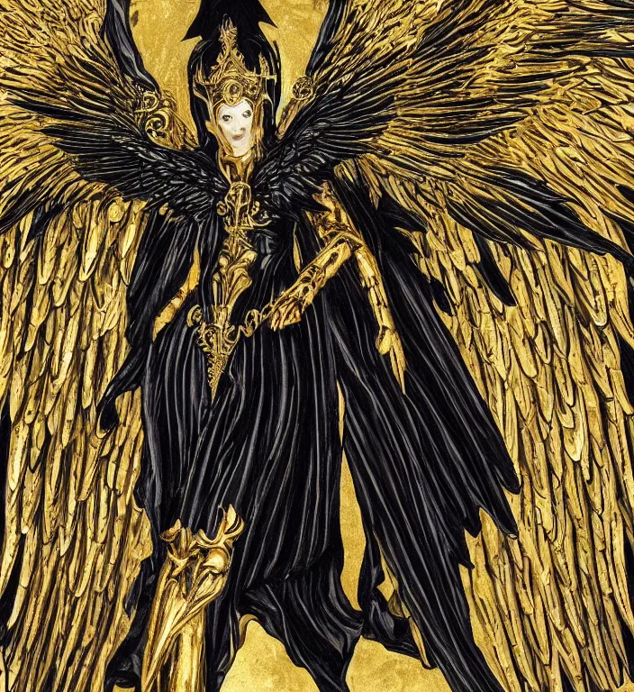 Image similar to full length picture of the angel of death wearing black robes with gold wings in an elaborate cathedral, high octane, 8k, ultra detailed, photorealistic