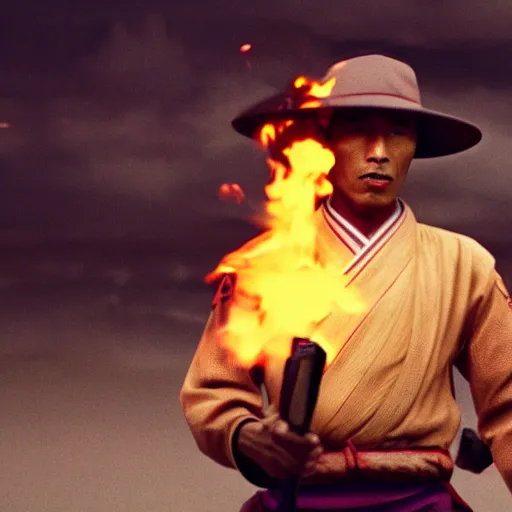 Image similar to cinematic film still Pharrell Williams starring as a Samurai holding fire, Japanese CGI, VFX, 2003, 40mm lens, shallow depth of field,film photography