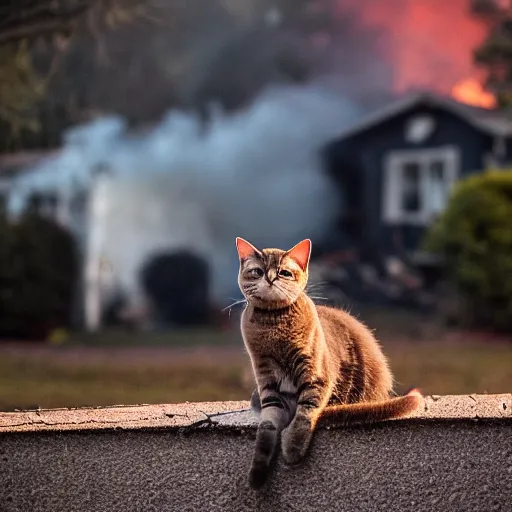 Image similar to an adorable ominous cat sitting in the yard of a home that is blazing on fire in the background behind the cat, cinematic, DSLR, evening