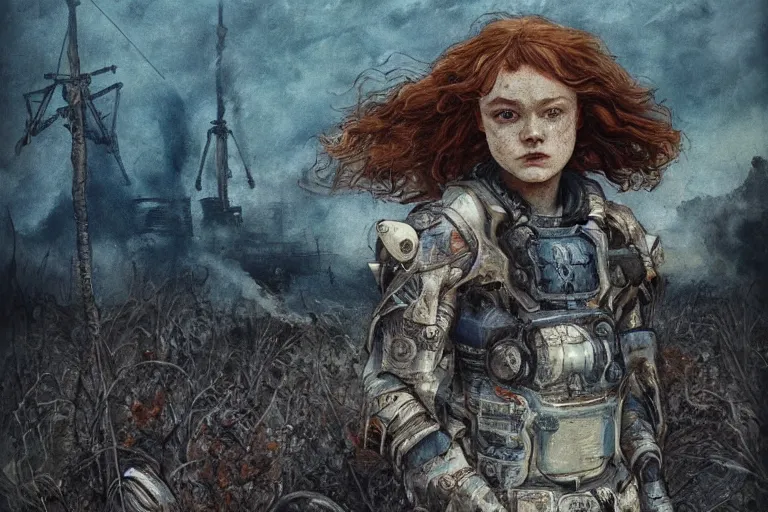 Image similar to sadie sink runs fast. cyborg behind. dirt, fantasy, soviet dystopian art by ayami kojima, vasnetsov, cedric peyravernay