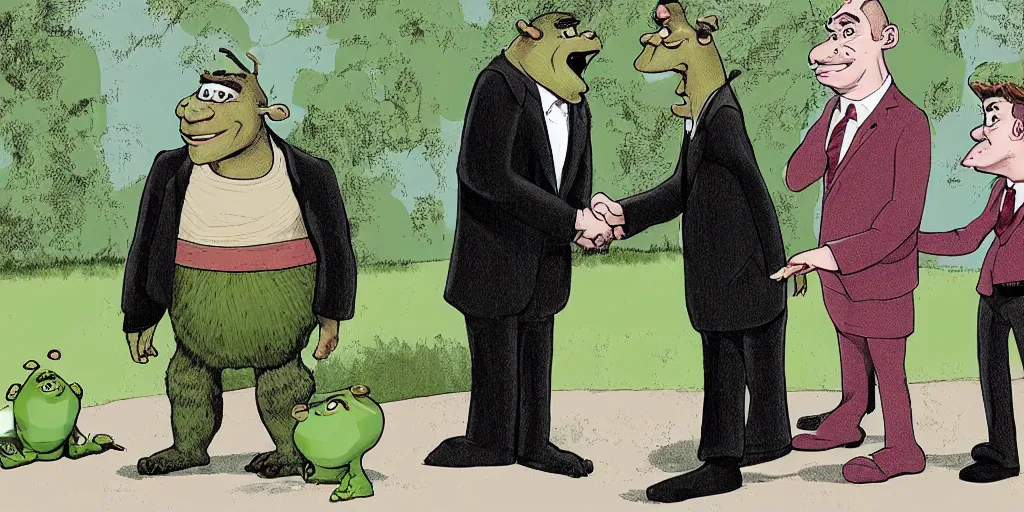 Image similar to An artists impression of a handshake between barrack obama and shrek outside the white house