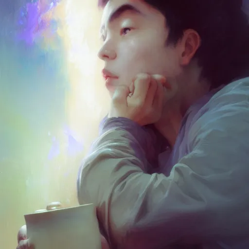 Image similar to A man drinking a cup of cosmic energy bright light, illustration by Ruan Jia and Mandy Jurgens and William-Adolphe Bouguereau, Artgerm, 4k, digital art, surreal, anime style, space dandy style, highly detailed, godsend, artstation, digital painting, concept art, smooth, sharp focus, illustration by Ruan Jia and Mandy Jurgens and William-Adolphe Bouguereau, Artgerm