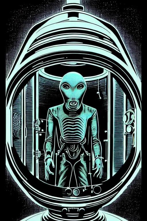 Prompt: steampunk cryo chamber containing an grey alien, high details, intricately detailed, by vincent di fate, inking, 3 color screen print, masterpiece, trending on artstation,, sharp, details, hyper - detailed, hd, 4 k, 8 k