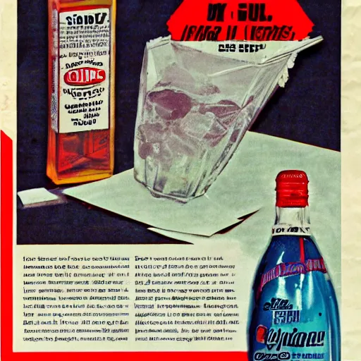 Prompt: new drink ad, retro, 8 0 s, magazine, old paper, crumpled page