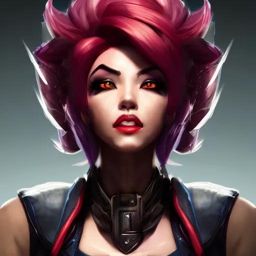 Image similar to portrait of Vi from League of Legends, by Fortiche Studio, by Riot Games, from Netflix's Arcane, trending on artstation,fine details, realistic shaded, fine-face, painted texture,realistic and defined face, anatomically correct, symmetrical, beautiful, pretty face, extreme details