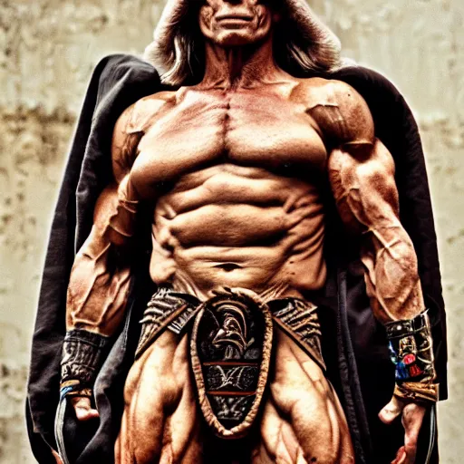 Prompt: enrico letta warlord wearing bronze age clothing, bodybuilder, anatomical, symmetrical, zoom out, high quality, high definition, 8 k, photograph photorealistic by frank frazetta