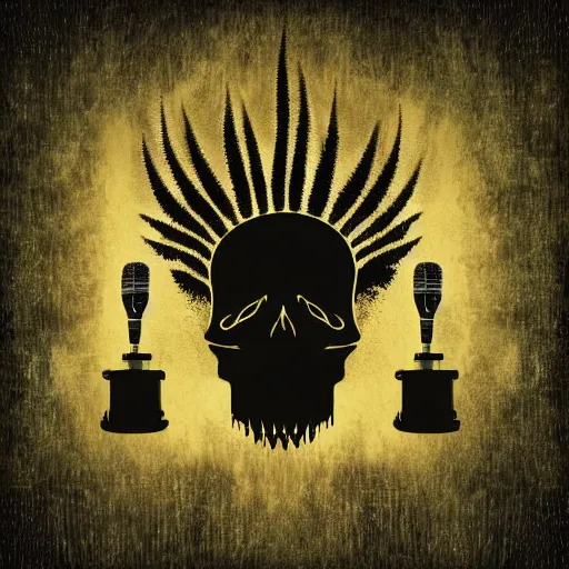 Image similar to dark death metal themed vector illustration for a record label, trees. forest, spikes, skull, microphone, skull, award winning, grunge, iconic, golden ratio