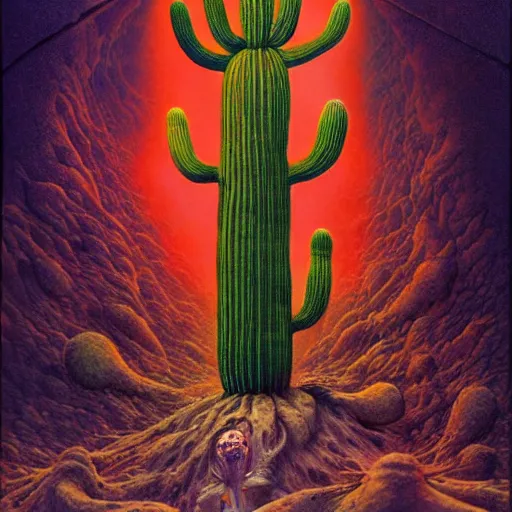 Prompt: an anthropomorphized cactus having an ego trip under lsd, by alex grey, by Esao Andrews and Karol Bak and Zdzislaw Beksinski and Zdzisław Beksiński, trending on ArtStation