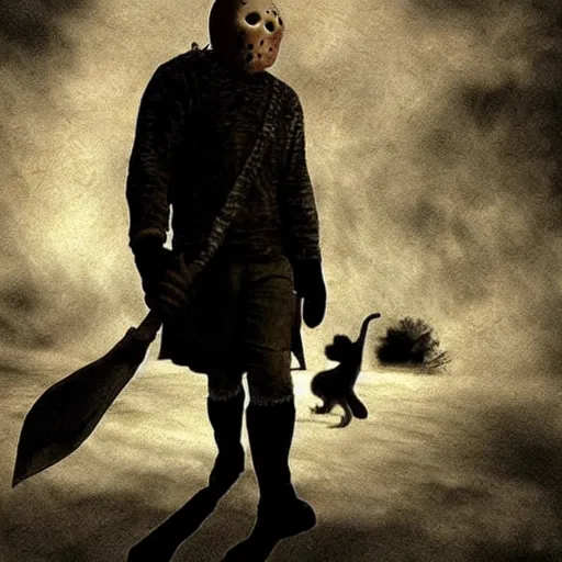 Image similar to Jason Voorhees walking a cat photo realistic