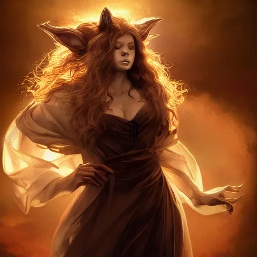 Prompt: leonine devil in flowing robes, ethereal, backlit, high fantasy, highly detailed, puzzled expression, realistic lighting, sharp focus, intricate, by artgerm, wlop, crossdress, frank frazetta, trending on artstation