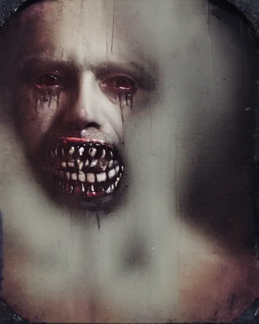 Prompt: an instant photo of a handsome but sinister ghost in layers of fear, with violence in his eyes, 1 9 7 0 s, seventies, woodlands, delicate embellishments, painterly, offset printing technique, by mary jane ansell