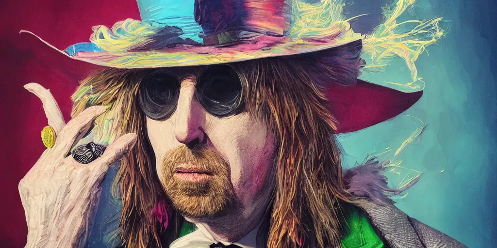 Image similar to tom petty as the mad hatter portrait, colorful, contrast, kim jung gi, greg rutkowski, zabrocki, karlkka, jayison devadas, trending on artstation, 8 k, ultra wide angle, zenith view, pincushion lens effect