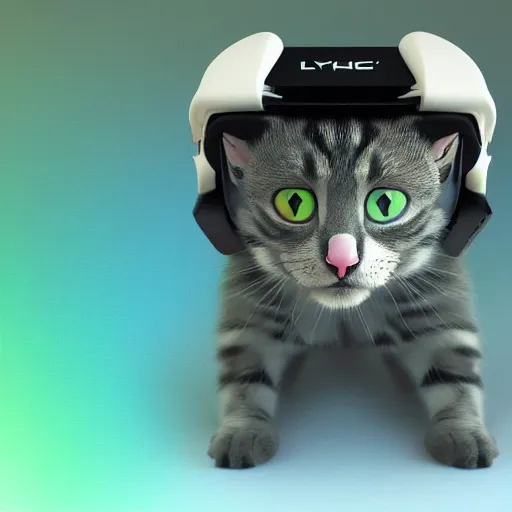 Image similar to crypto trading lyoki kitten from the future, wearing a cool vr headset 8 k hyperrealistic, trending on artstation