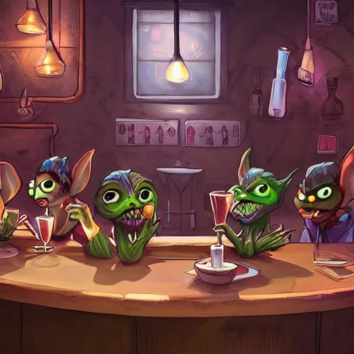 Image similar to gremlins having drinks in rustic night club, artstation,