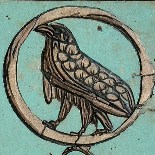 Prompt: a medieval logo illustrating a crow made out of metal