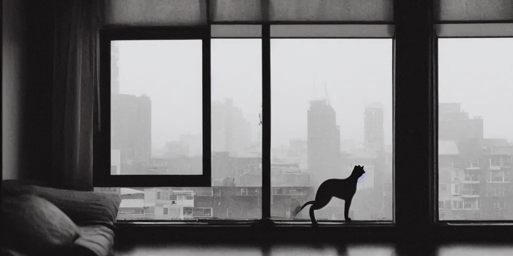 Image similar to silhouette of a girl and her cat, looking out a window on a rainy day, inside a cozy apartment, with a city view.