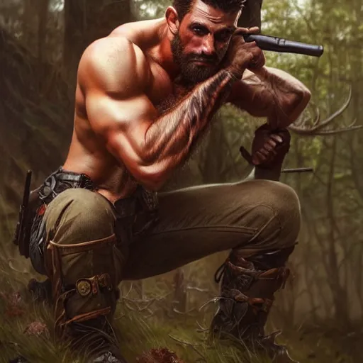 Image similar to Rugged ranger, bleeding, masculine, furs, tanned leather, forest, man, D&D, muscular thighs, fantasy, intricate, elegant, highly detailed, digital painting, artstation, concept art, smooth, sharp focus, illustration, art by artgerm and greg rutkowski and alphonse mucha