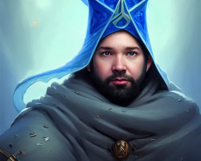 Image similar to amazing portrait of alexis ohanian as a wizard, pointy blue wizard hat, deep focus, symmetrical face, d & d, fantasy, intricate, elegant, highly detailed, digital painting, artstation, concept art, matte, sharp, illustration, hearthstone, art by artgerm and greg rutkowski and alphonse mucha