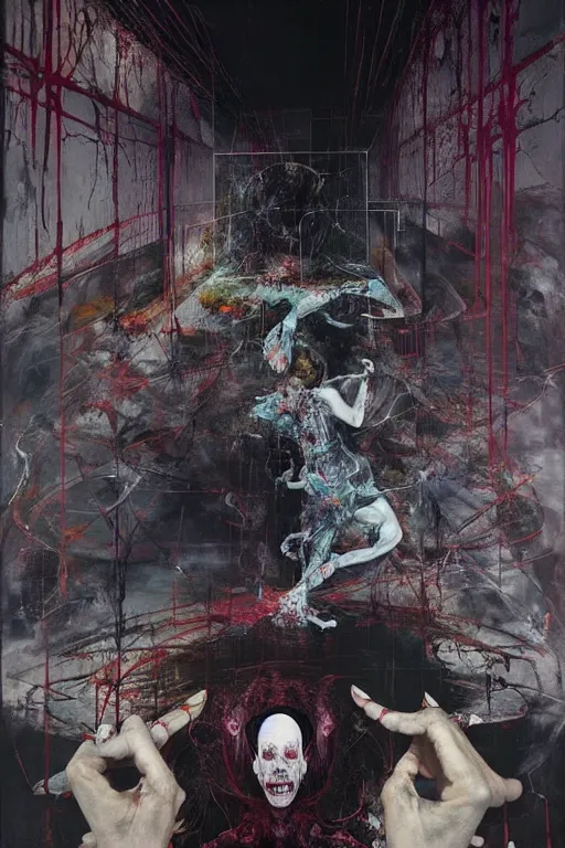 Image similar to the physical impossibility of death, in a brutalist designed space ship, hauntingly surreal, gothic, rich deep colours, painted by francis bacon, adrian ghenie, james jean and petra cortright, part by gerhard richter, part by takato yamamoto. 8 k masterpiece