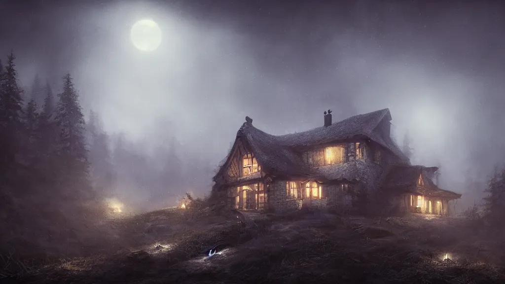 Image similar to A dark shadowy cottage on a hilltop at night, by Bastien LeCouffe-Deharme, hyperrealistic, Cryengine 8k UHD