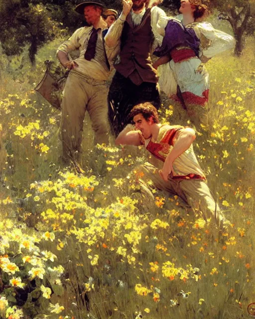 Image similar to handsome men reminisce about the end of spring in a field of bright flowers, cool colors, hard angles, painting by gaston bussiere, craig mullins, j. c. leyendecker