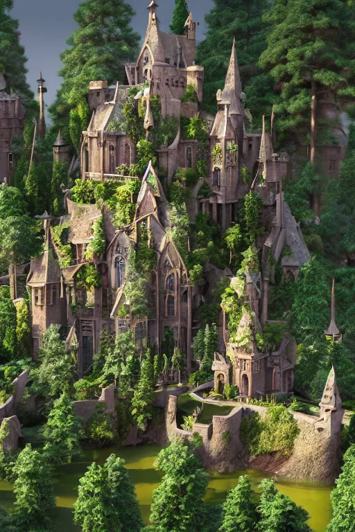 Prompt: First person matte painting of witch academy castle with many bonsai trees on the right with small waterfall, highly detailed garden in the middle, many stone statues, gothic building style, highly detailed, 4k, 8k resolution, trending on artstation, artstationHD, artstationHQ, octane render.