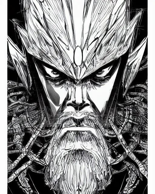 Image similar to An old man looking into a mirror, black and white, fantasy art, in the style of masami kurumada, illustration, epic, fantasy, intricate, hyper detailed, artstation, concept art, smooth, sharp focus, ray tracing