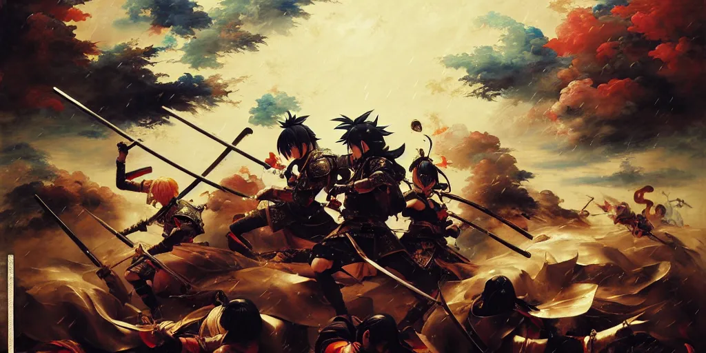 Image similar to baroque oil painting of key visual samurai battle, japanese armor, rain, brutalist fantasy, realism, rule of thirds golden ratio, fake detail, trending pixiv fanbox, acrylic palette knife, style of makoto shinkai takashi takeuchi yoshiyuki sadamoto greg rutkowski chiho aoshima