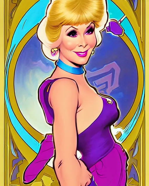 Image similar to barbara eden's jeannie as the genie of ai artwork, comic cover painting, masterpiece artstation. 8 k, sharp high quality artwork in style of wayne reynolds, alphonse mucha, arthur adams, greg rutkowski, and don bluth, concept art by jack kirby, blizzard warcraft artwork, hearthstone card game artwork