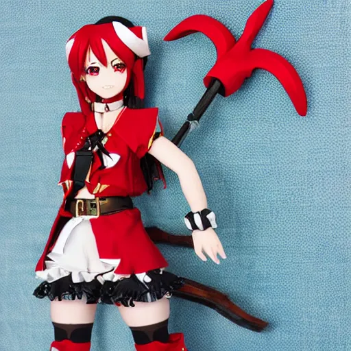 Image similar to Houshou Marine. Hololive character. Anime girl, 宝鐘マリン. Red pirate outfit and black pirate tricorn. brickred outfit colorscheme. Her name is Houshou Marine. Anime cute face