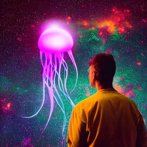 Prompt: over the shoulder photo of a man watching a magic glowing jellyfish in glowing cosmic stardust, colorful stars, galaxies, space, award winning photo, intricate, high detail, atmospheric, desolate