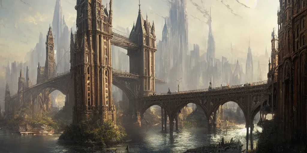 Prompt: city of massive bridges connection beautiful victorian towers, a fantasy digital painting by Greg Rutkowski and James Gurney, trending on Artstation, highly detailed, hyperrealistic, realistic, photorealistic, dynamic lighting, highly detailed, cinematic landscape, studio landscape, studio lighting