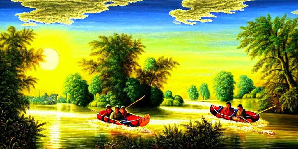 Prompt: A very detailed painting in the style of featuring a river in Europe surrounded by trees and fields. A rubber dinghy is slowly moving through the water. Sun is shining. Psychodelic painting