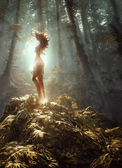 Image similar to stunning biomechanical incredible hair, masterpiece crystalline incrustations, hyperdetailed face, elegant pose, movie still, intricate, octane render, cinematic forest lighting, cgsociety, unreal engine, crepuscular rays, god rays