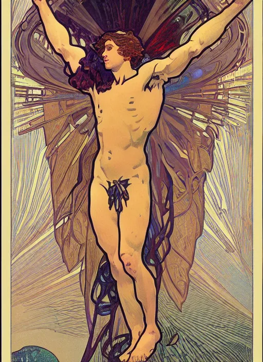 Prompt: digital character concept art by paul berthon and alphonse mucha, portrait of a young icarus a god, arms spread wide looking skyward as if to fly, large mechanical bird wings, beautiful, night time, light effect, clouds, stars, glowing lanterns, detailed, poster art, lithograph, hyper detail, intricate, digital painting, artstation, smooth,