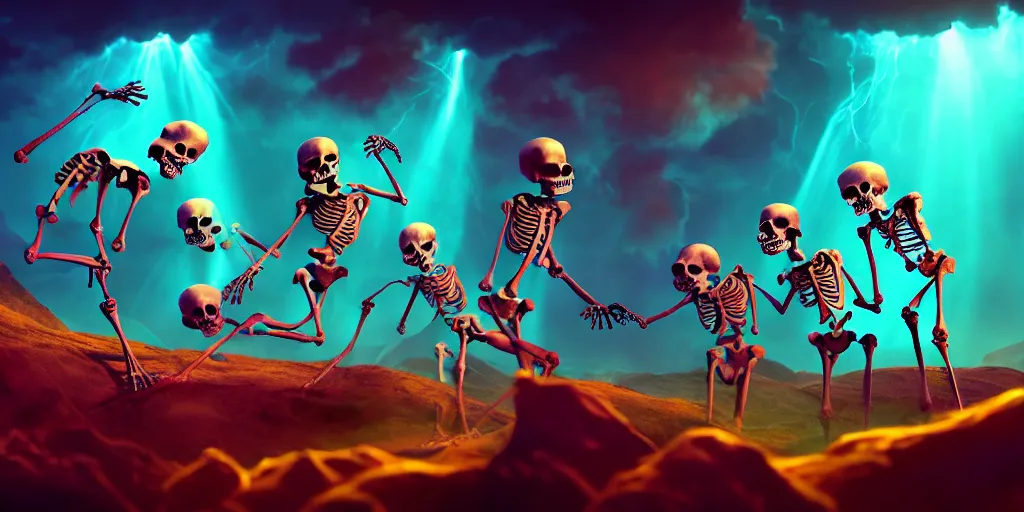 Image similar to skeletons, they are in front of a desk working on a new dark spell that is casting out flowing energy, colorful, flowing energy, light rays, medium shot, waist up, sharp, concept art, highly detailed, bloom, dramatic lighting, cinematic, by dreamworks