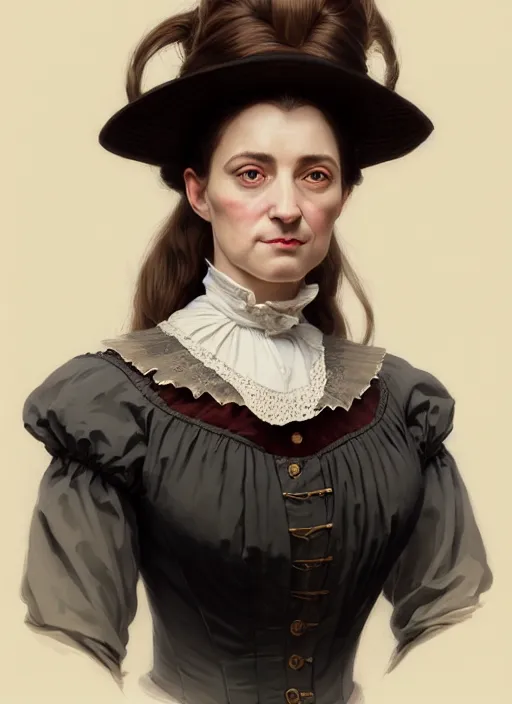 Image similar to a portrait of a woman with a crooked nose in victorian clothing, confident pose, intricate, elegant, sharp focus, illustration, highly detailed, concept art, matte, trending on artstation, anime, art by james jean and artgerm and brian despain and alberto mielgo, greg rutkowski, wlop, ilya kuvshinov, strong strokes