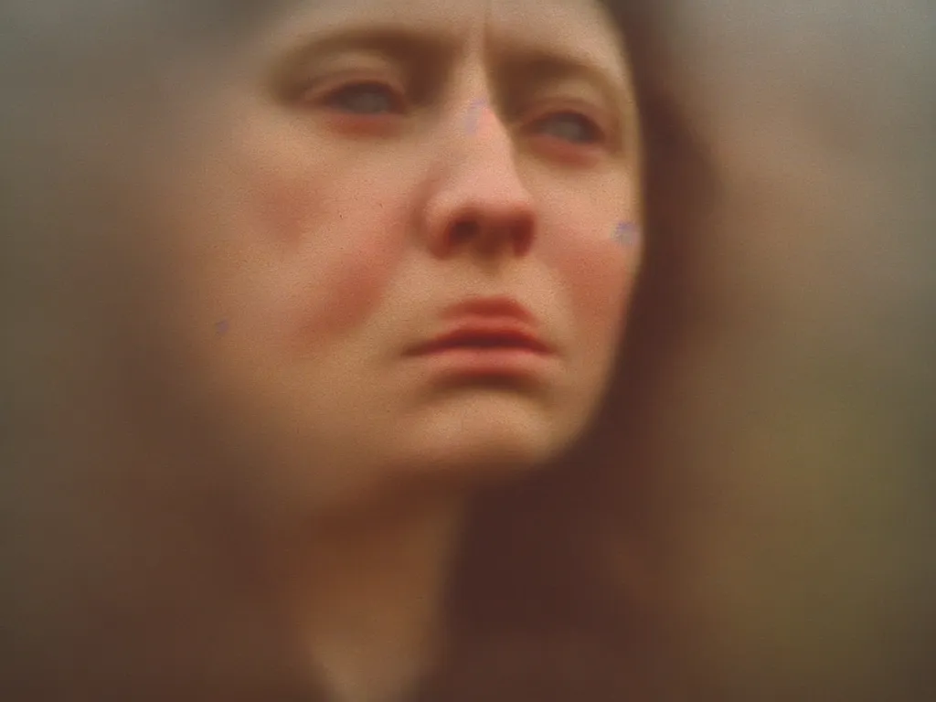 Image similar to close up portrait bust of woman, solemn expression, faded color film, russian cinema, tarkovsky, kodachrome, heavy forest, wood cabin in distance, long brown hair, old clothing, heavy fog, atmospheric haze, brown color palette, sunset, low light, hudson river school, 4 k, dramatic lighting