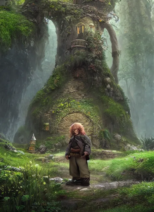 Prompt: beautiful art portrait of a hobbit in a dark mystical fantasy ruin surrounded by lush spring time forest, masterpiece, trending on artstation, unreal 5, daz, hyperrealistic, octane render, dungeons and dragons, dynamic lighting