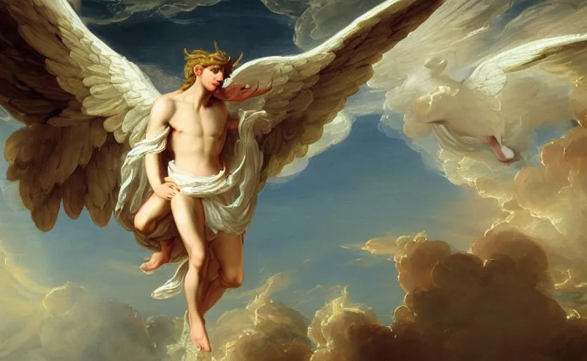 Prompt: a beautiful male angel wearing white angelic clothes flying among heaven with a detailed face painted by thomas cole