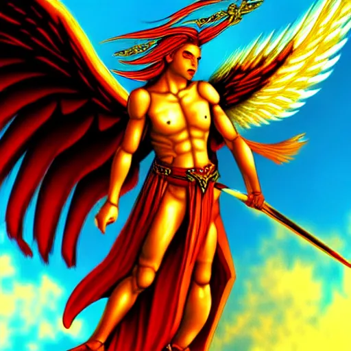 Image similar to flying fiery angelic six-winged warrior, fantasy art