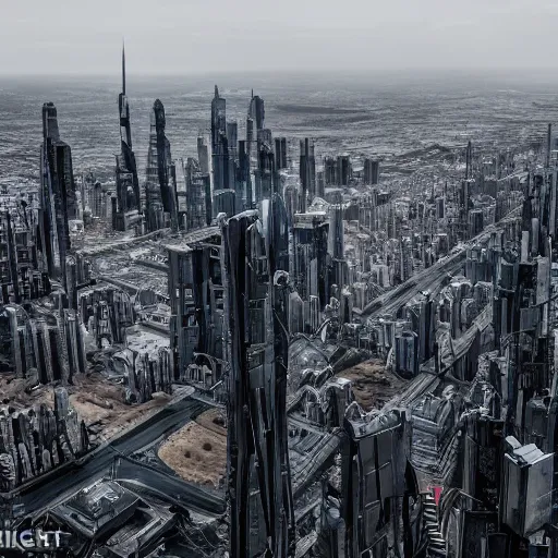 Prompt: Giant futuristic megacity towering across the landscape, post apocalyptic, EOS-1D, f/16, ISO 200, 1/160s, 8K, RAW, unedited, symmetrical balance, in-frame