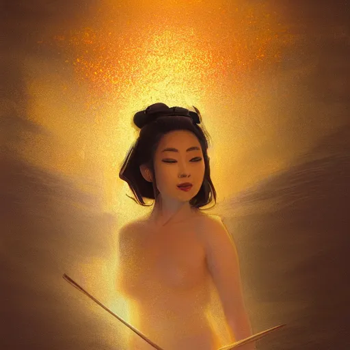 Image similar to semi semi realistic digital painting!! portrait of beautiful geisha flying over a lake filed with molten gold, volume lighting, concept art, by greg rutkowski, dramatic, xray melting colors!!