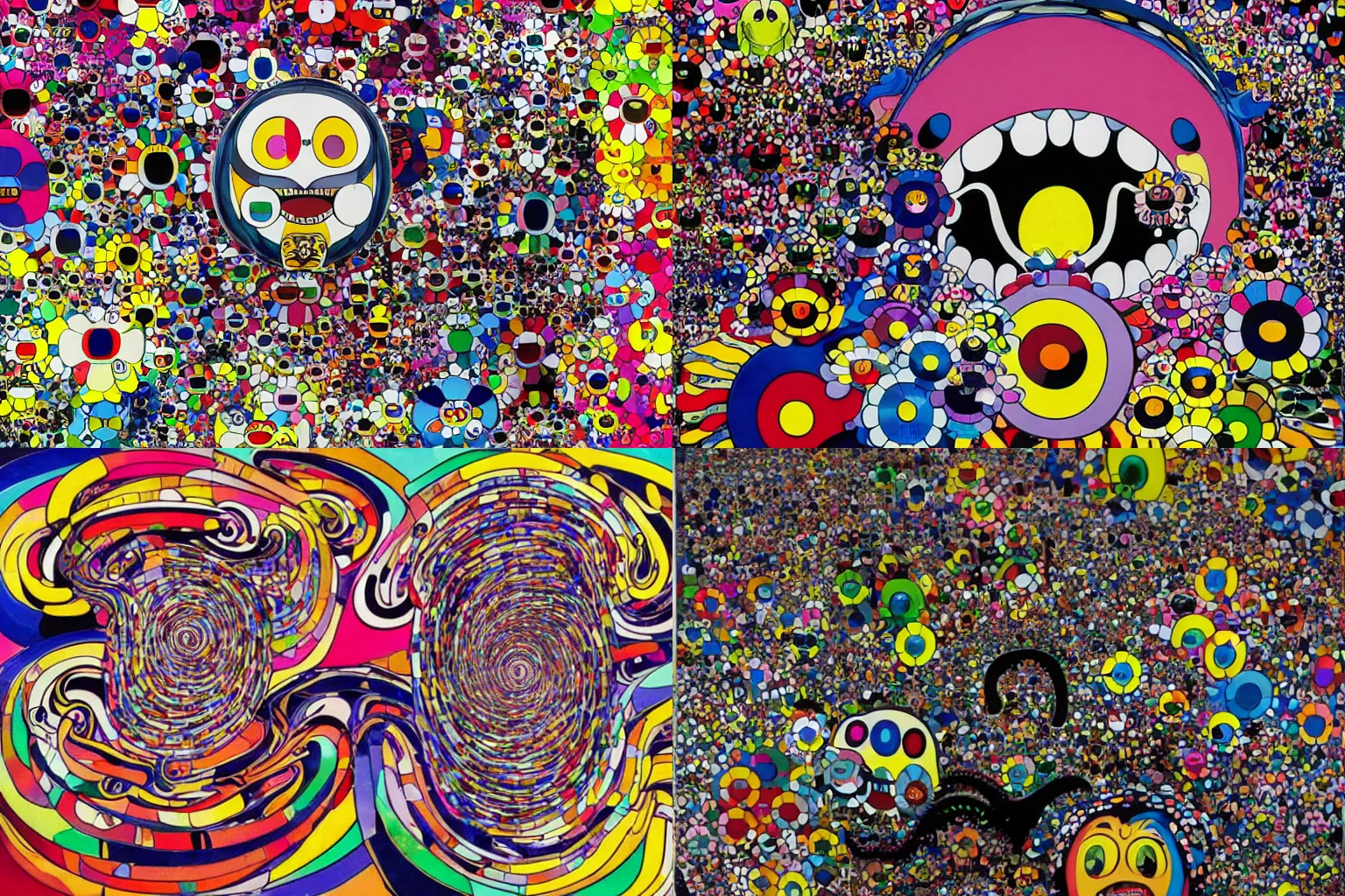 Prompt: a super dynamic portrait of Mr. DOB with large black smile, by takashi murakami, a collage of multicolor starbursts and biomorphic forms, vivid tentacles, a raving and chaotic creature, painterly spectacle of technical precision and cinematic bombast, virtually no peer or precedent, illustration, (((no flowers)))