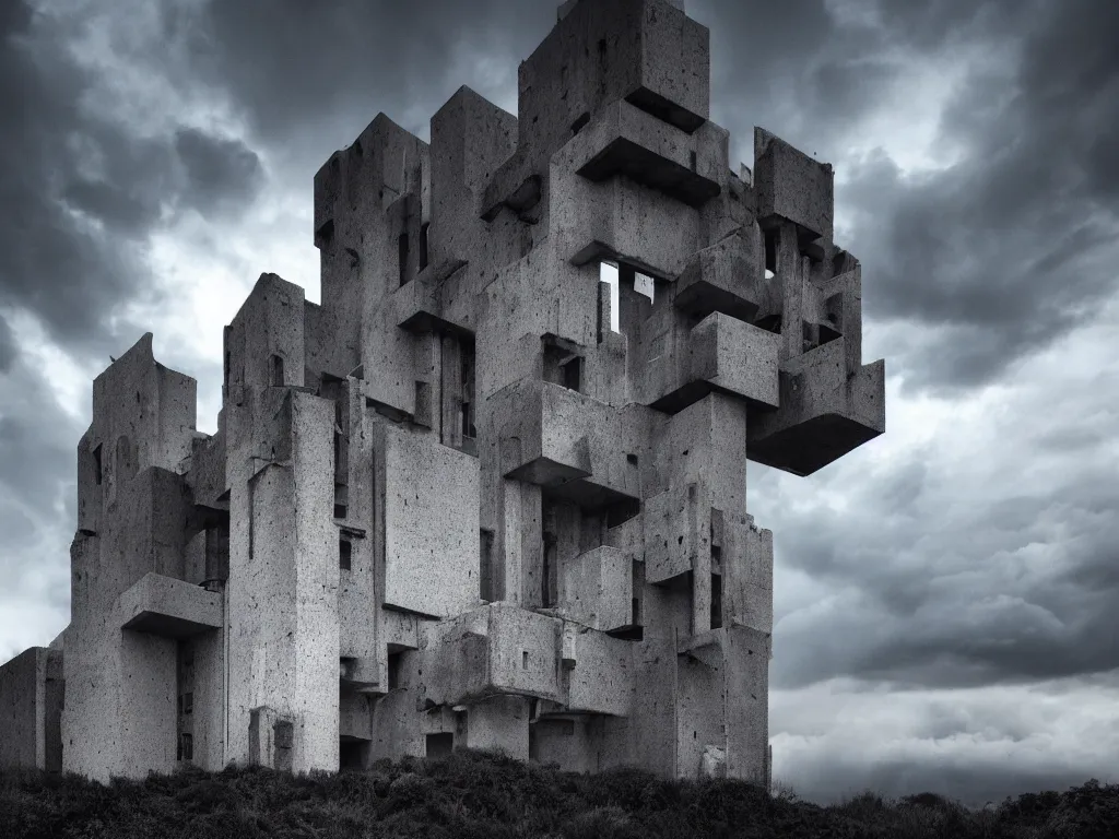 Image similar to photo of a brutalist cathedral built over a hill, in the middle of a storm. realistic clouds that resemble levitating large rocks. impressive, magical, very atmospheric, cinematic, deep, very high complexity, stunning, dramatic masterpiece, iridescent, chiaroscuro, romantic, very detailed. 4 k