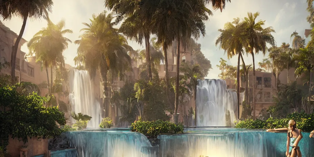 Image similar to beautiful pool waterfalls surrounded by palm trees, moroccan tile archways, industrial buildings, ivory towers, sun setting, ross tran, fantasy, james jean, peter morbacher, angelarium, alchemy, luxury, heavenly light, soft illumination, trending on artstation, cinematic lighting, digital painting, octane render, artgerm