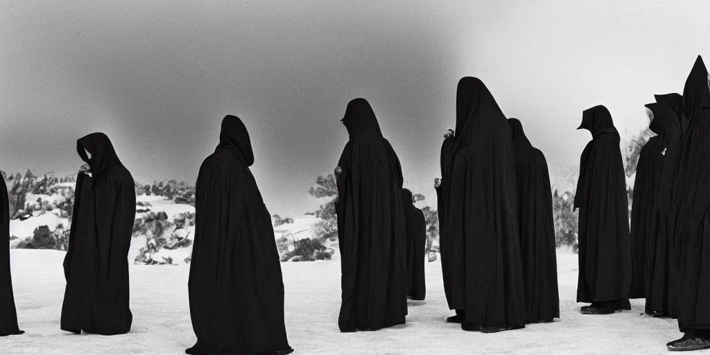 Prompt: black robed and hooded people stand around in a circle calling forth an eldritch horror, old film, 35mm film, found film, scary, ominous, frightening, ghastly, photorealistic