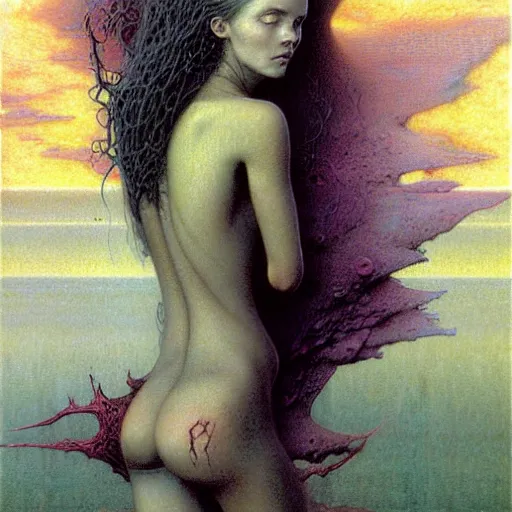 Image similar to cute young vampire tomboy girl with short short short dark hairs on lovecraftian planet by jean delville by luis royo and wayne barlowe, beksinski