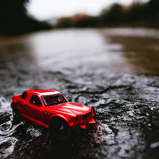 Image similar to macro photography of a toy hot wheels car driving through a creek in the rain, 3 5 mm